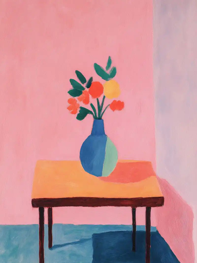 Painting of a blue vase with flowers on a yellow table against a pink and blue background