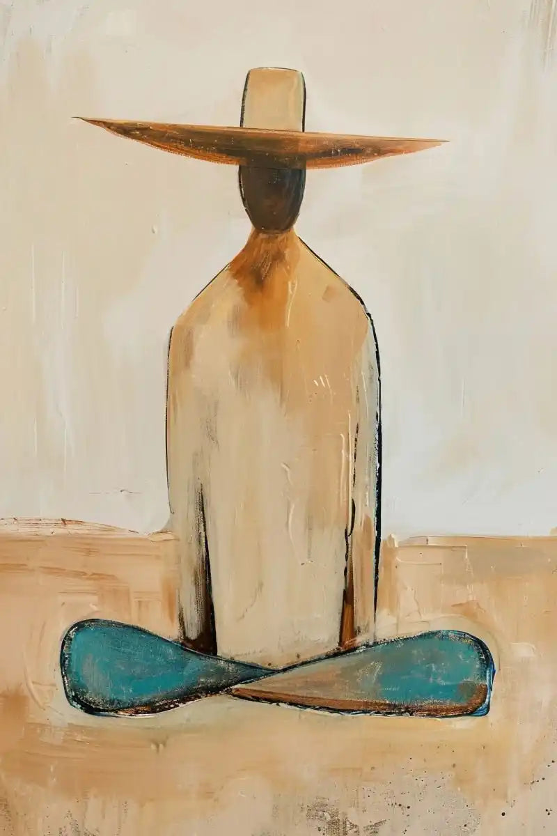 Abstract painting of a figure with a wide-brimmed hat and blue shoes on a beige background