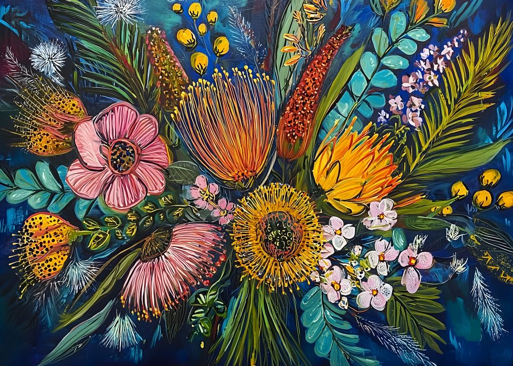 Colorful floral painting with various flowers and leaves on a dark background
