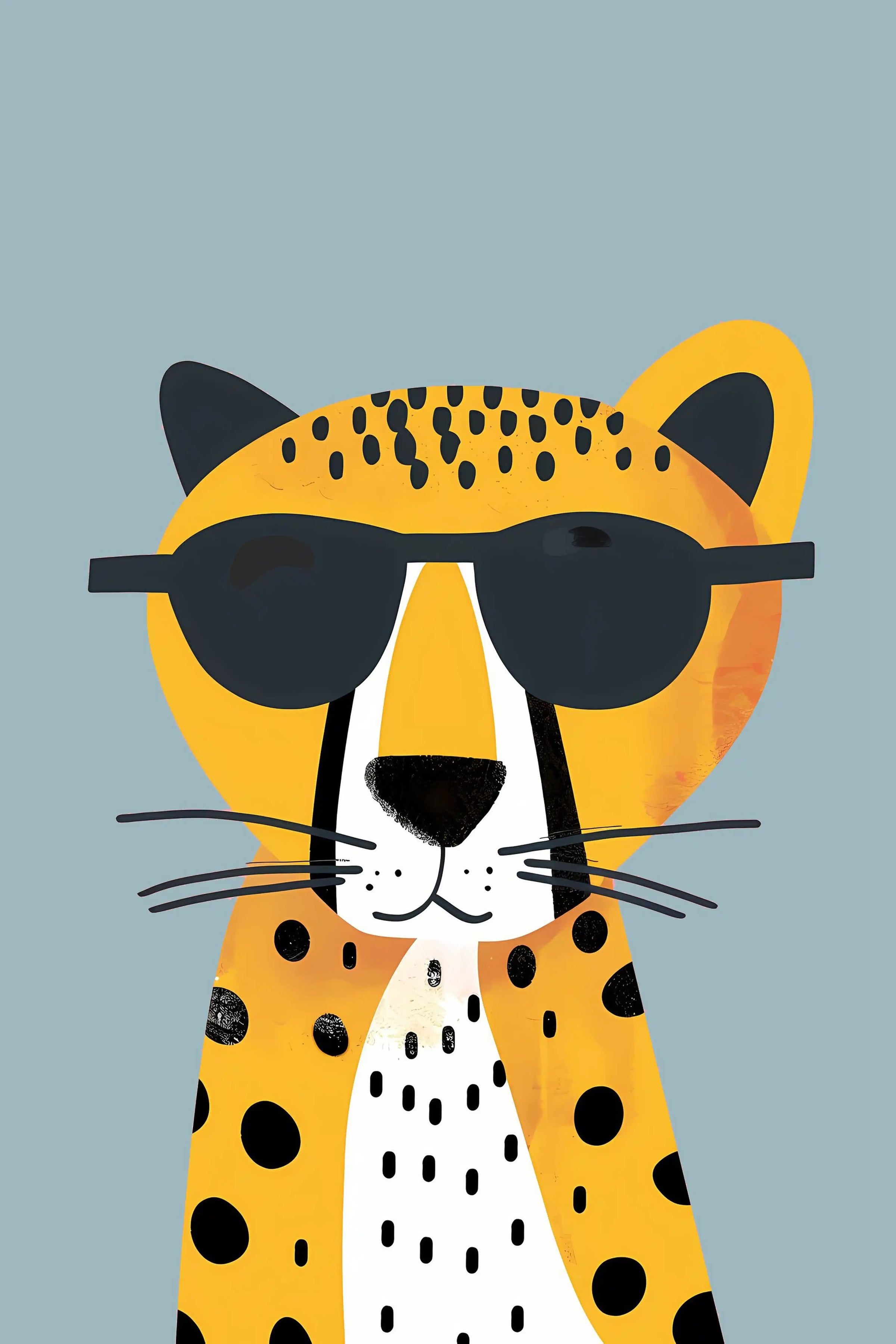 Illustration of a leopard wearing sunglasses on a light blue background