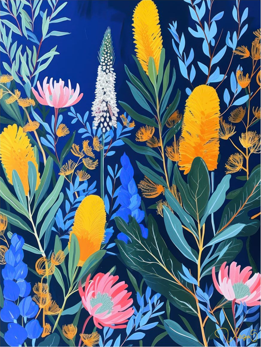 Colorful floral pattern with yellow, pink, and blue flowers on a dark blue background