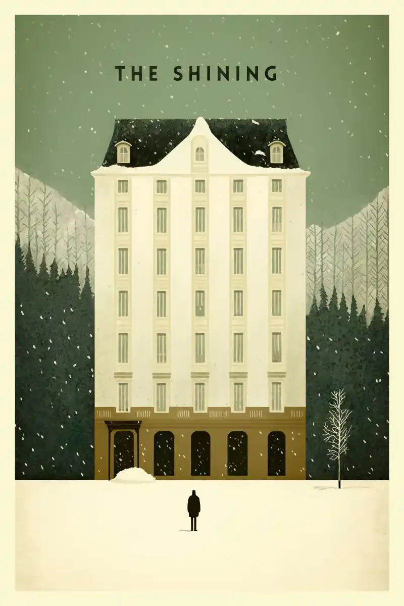 Illustration of a tall building with 'The Shining' text, surrounded by trees and snow.