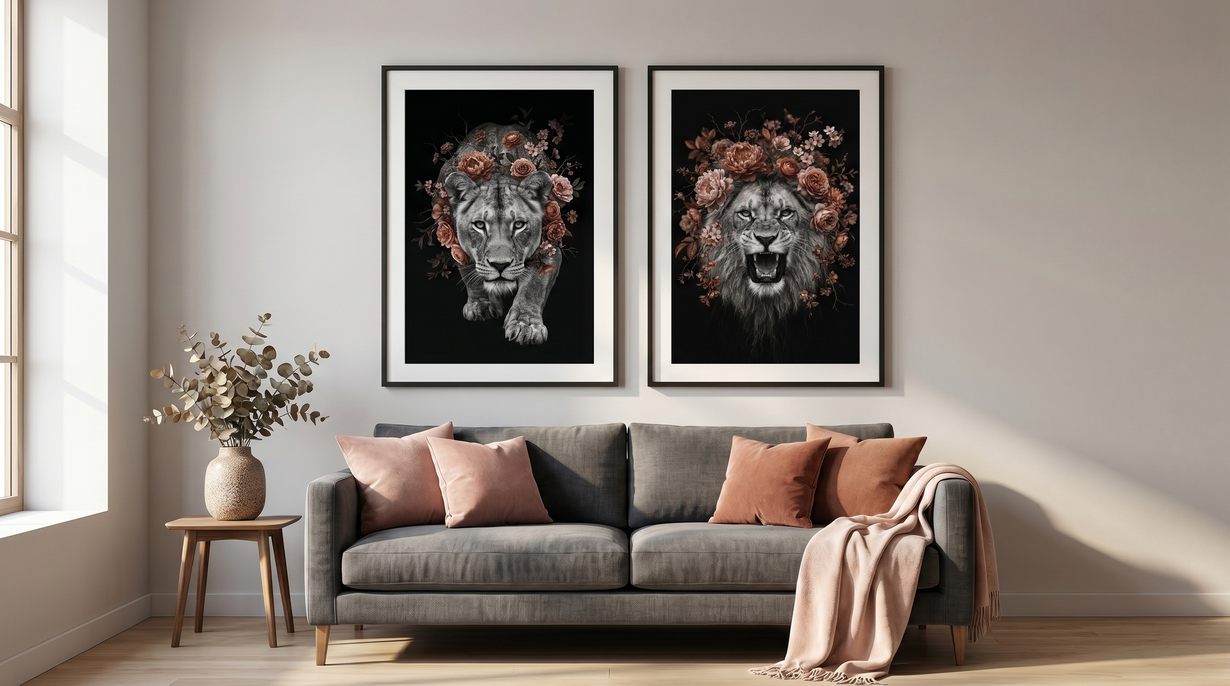 Image of 2 Lion art pieces framed on a wall in a living room