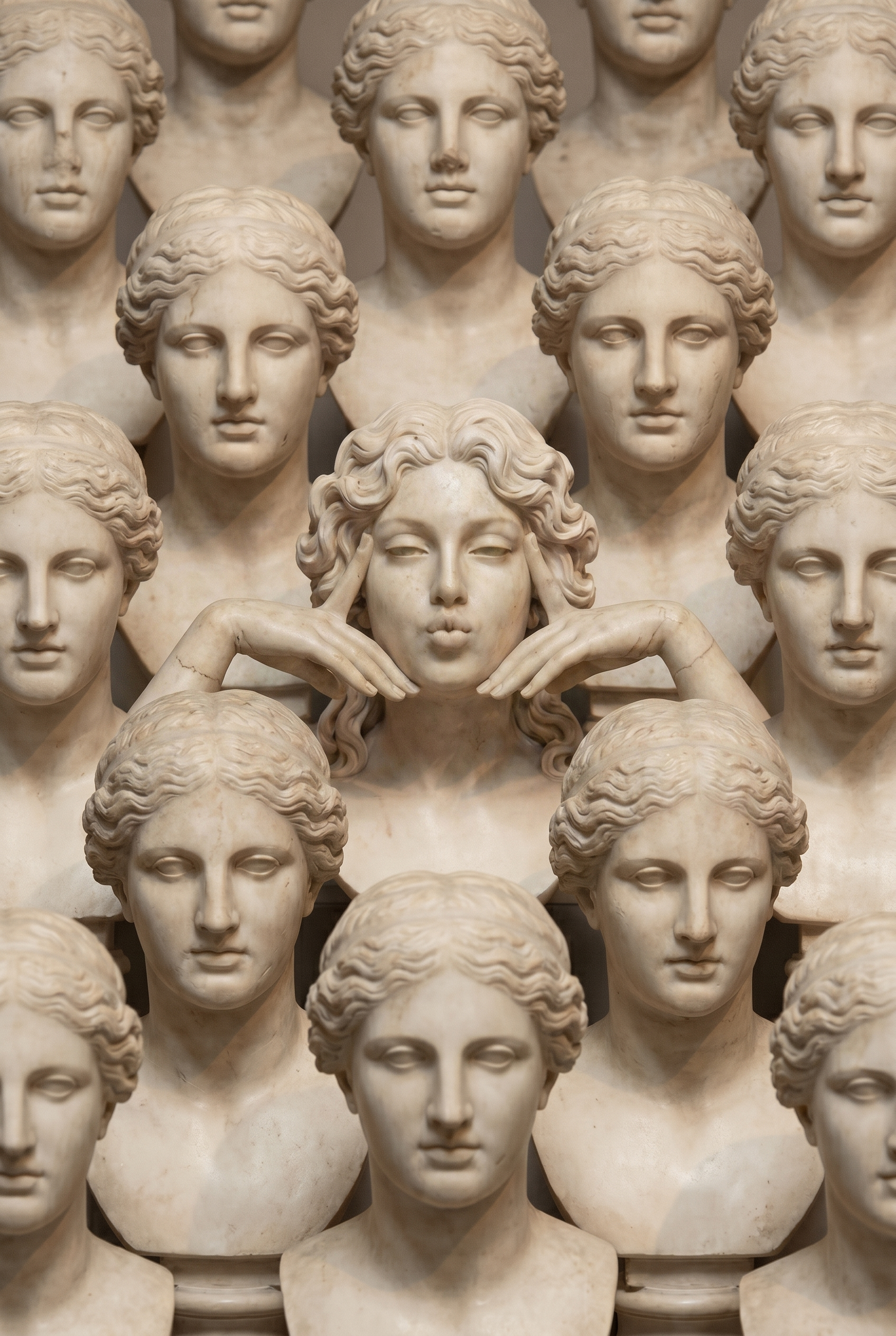 Pattern of classical marble busts with various hairstyles and expressions.