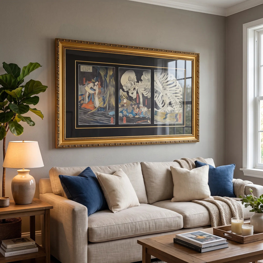 A large framed art print featuring three panels with classical figures, skeletons, and anatomical illustrations, displayed in a gold frame on a gray wall above a beige sofa with blue and cream pillows in a styled living room.