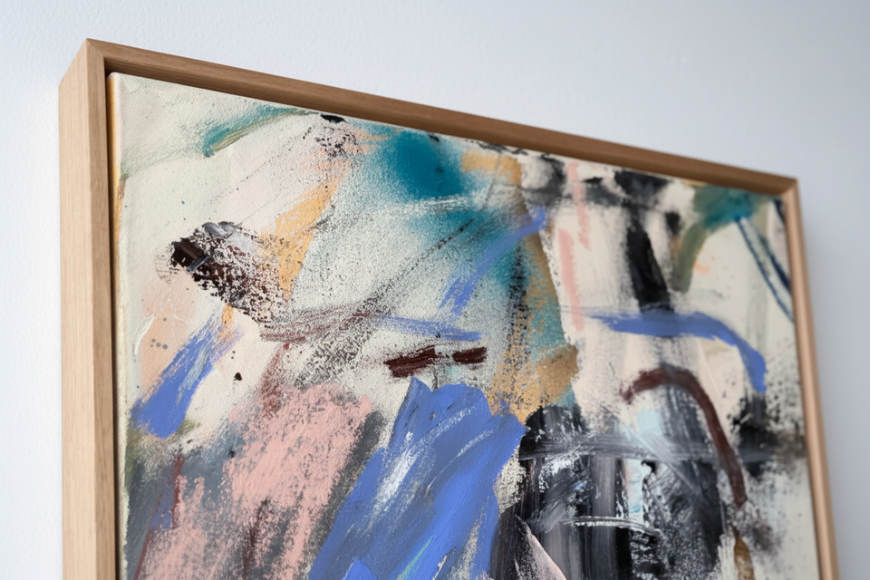 A framed abstract expressionist painting with blue, pink, teal, black, and beige brushstrokes, housed in a light natural wood frame and hung against a white painted brick wall.