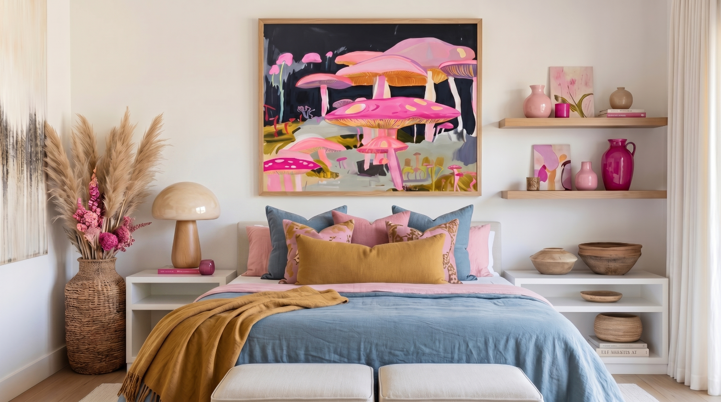 Decorative bedroom with colorful bedding, art on the wall, and shelves with decorative items.