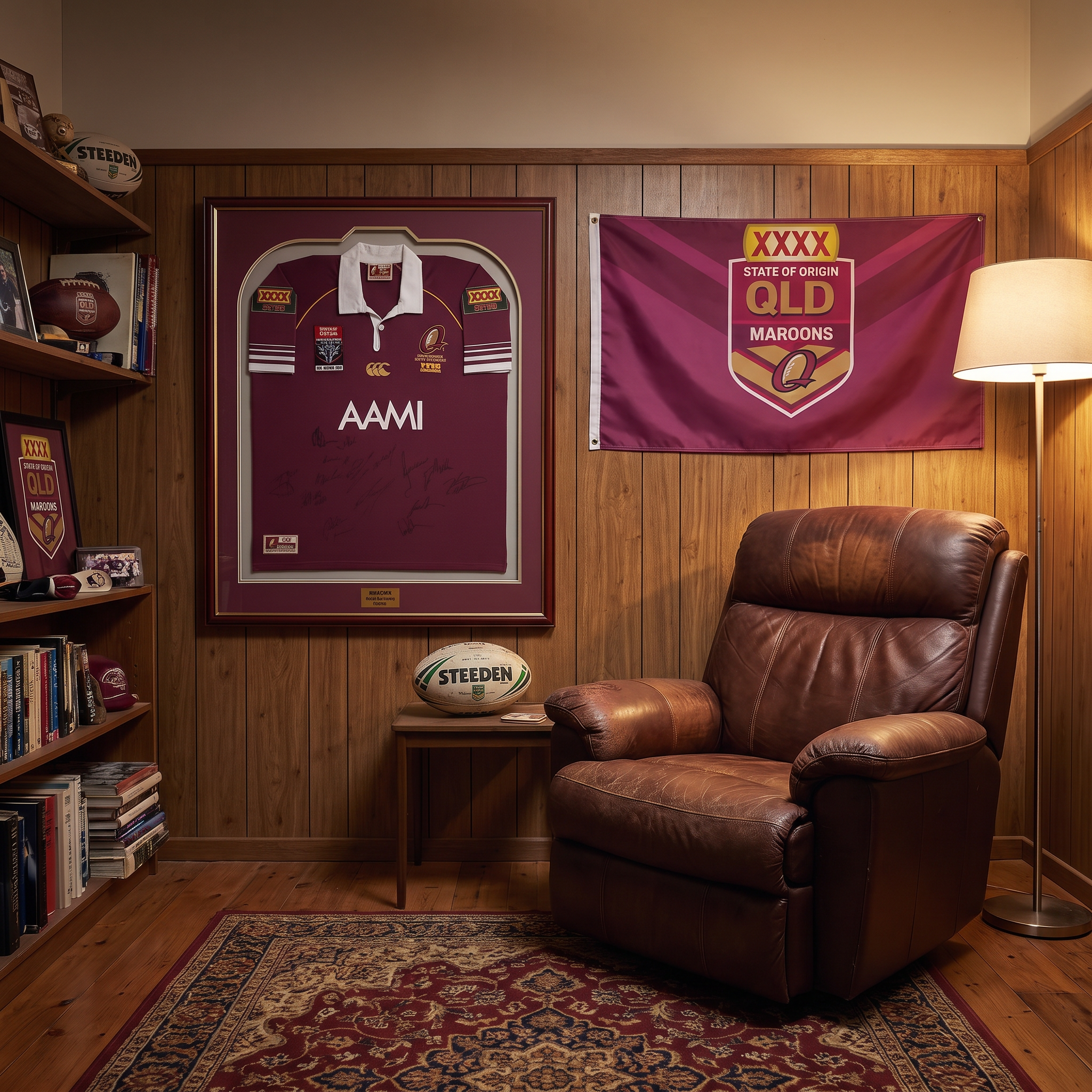 A cozy, wood-paneled room featuring a framed signed AAMI Queensland Maroons rugby jersey and a matching team banner on the wall, alongside a brown leather recliner, bookshelves, and a Steedin rugby ball on a small table.