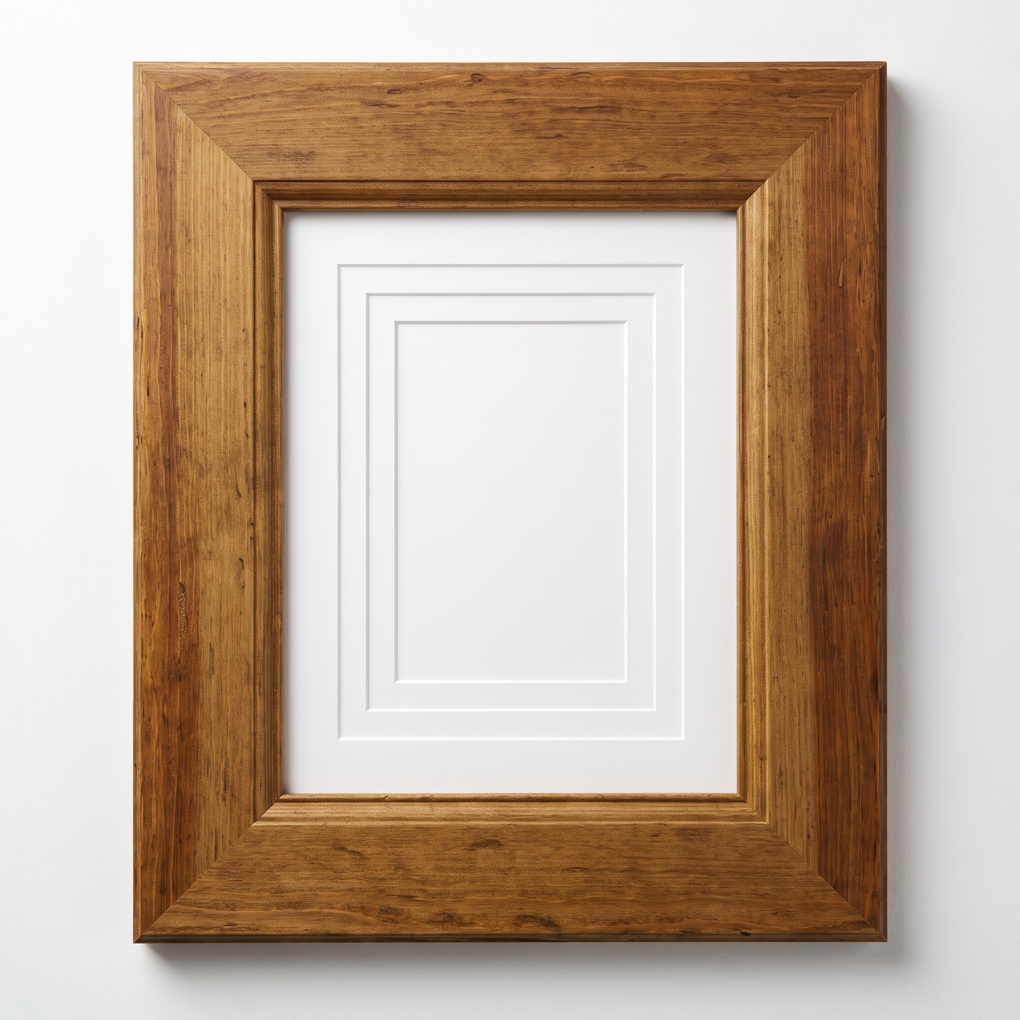 A square wooden picture frame with a warm medium-brown finish and a white mat board, shown against a plain white background.